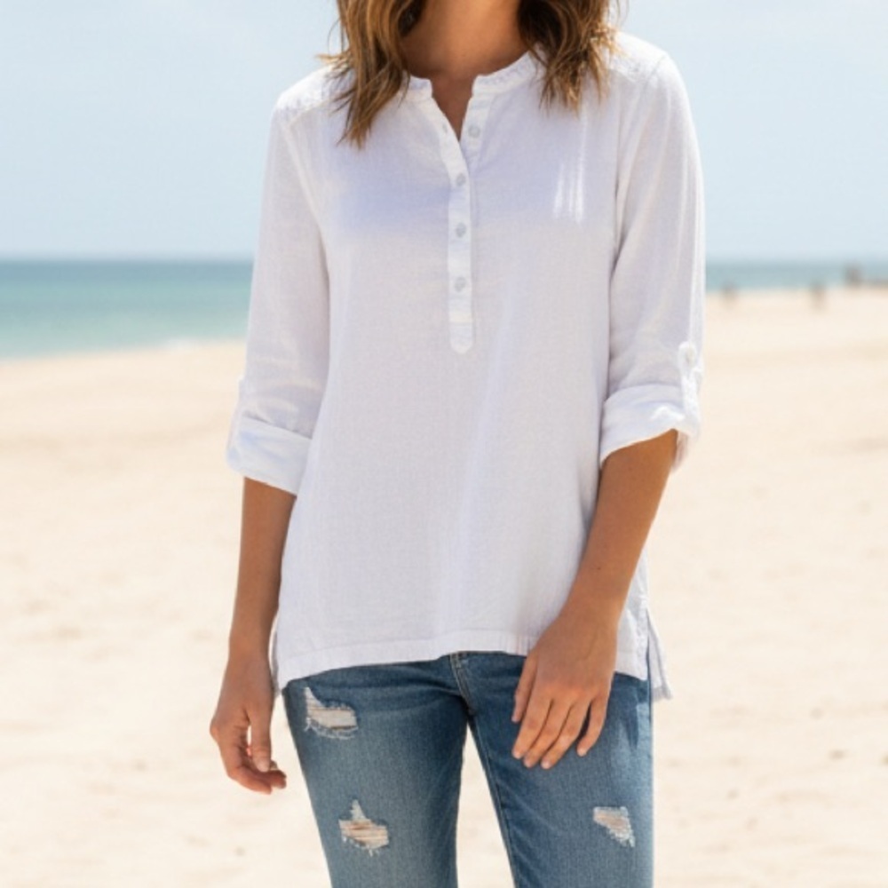 Soft Surroundings Cotton Flax  Bohemian White Tunic Roll Tab Sleeves Blouse M